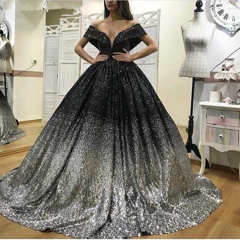 estilo Nacional dar a entender Brillo de lentejuelas vestido de fiesta negro plata vestidos de quinceañera  2019 lujo árabe Dubai largo