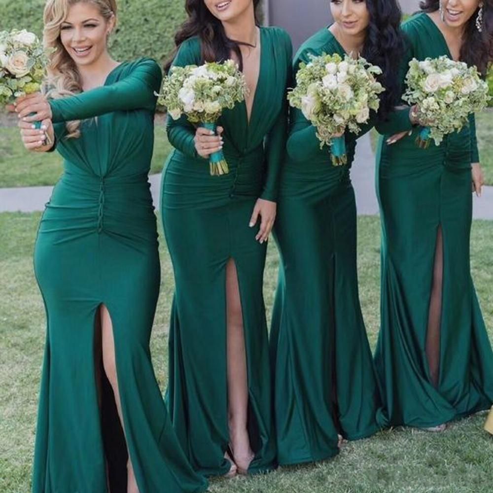 Newest Dark Green Bridesmaid Dresses Mermaid Long Sleeves Deep V Neck