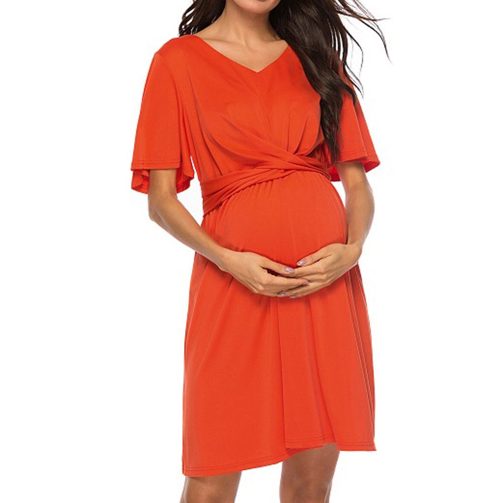 SO-buts Womens V-Neck Maternity Pregnanty Pajamas Sleepwear Nursing Short Sleeve Solid Color Bandage Loose Dress