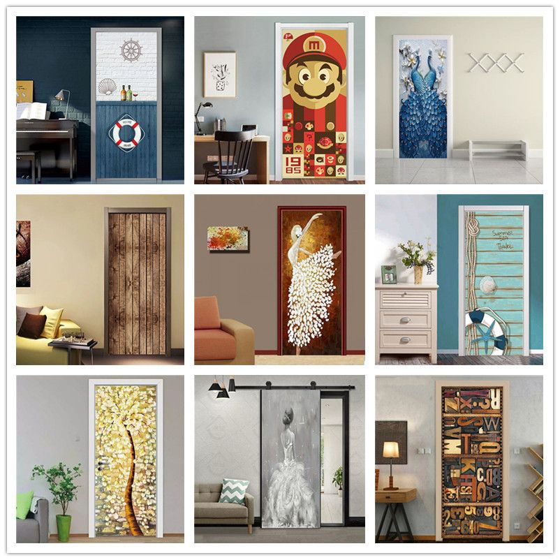 satin al yaratici 3d kapi cikartmalar pvc su gecirmez kapi yenileme duvar kendinden yapiskanli diy ev dekor cikartmasi 90x200 cm 77x200 cm toptan