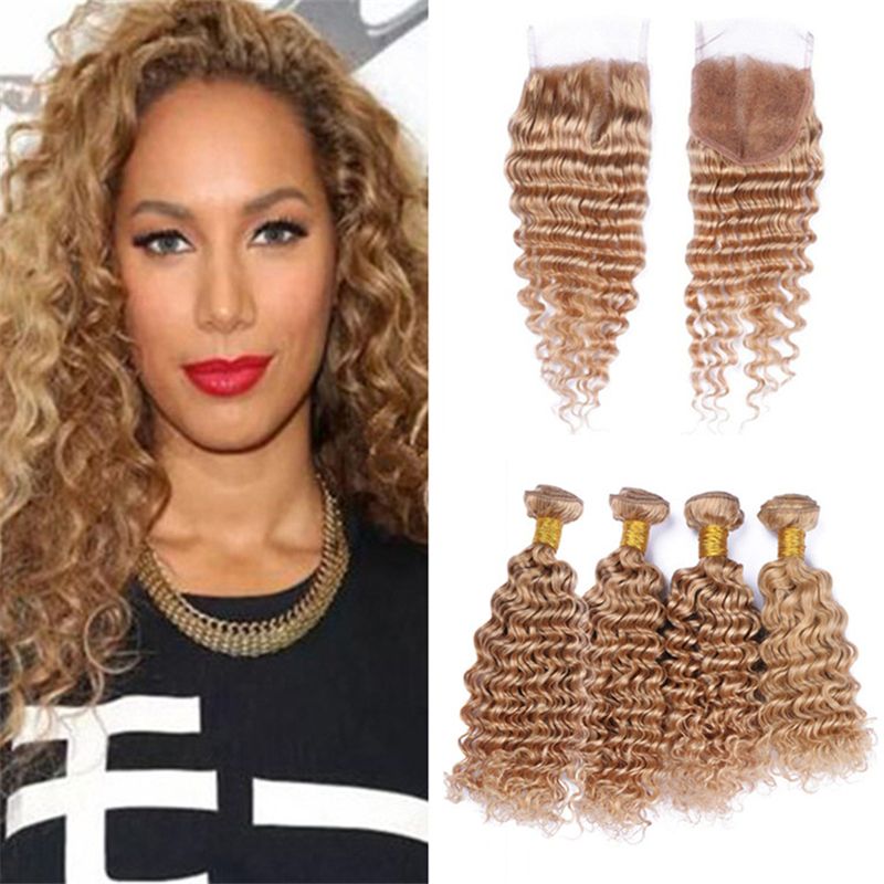 2019 Strawberry Blonde Deep Wave Curly Hair 4 Bundles With Closure