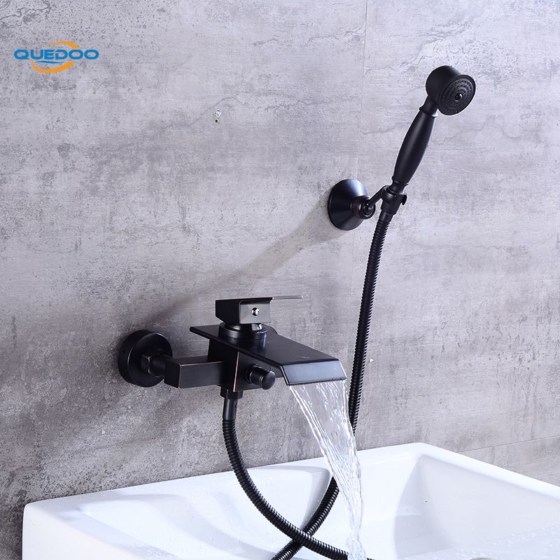Bathroom Black Waterfall Spout Wall Mounted Shower faucet Set+Handheld Mixer Tap 