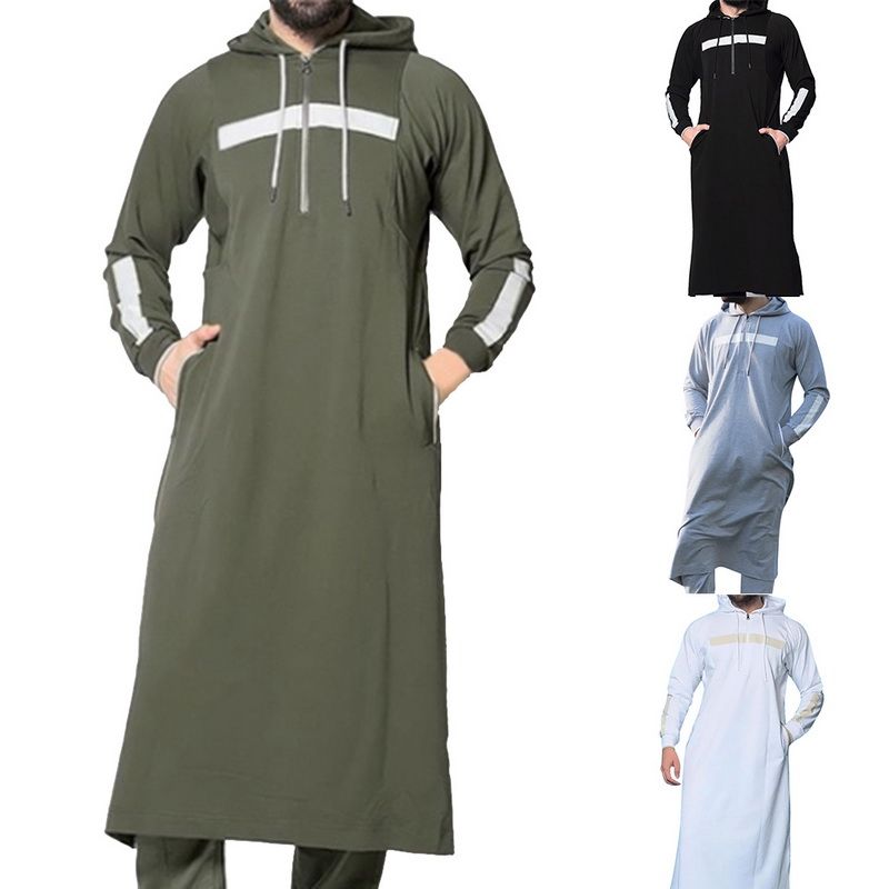 Mens Autumn and Winter Warm Casual New Muslim Robes Long-Sleeved Hooded Sweatshirts Shirt Top