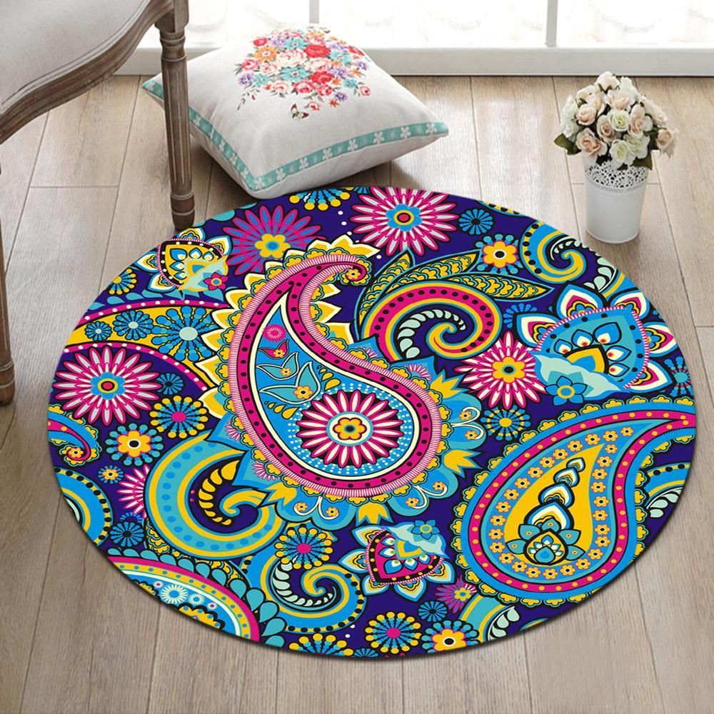 Room Floor Carpet Bright Color Mandala Pattern Non-slip Round Beach Mat Area Rug