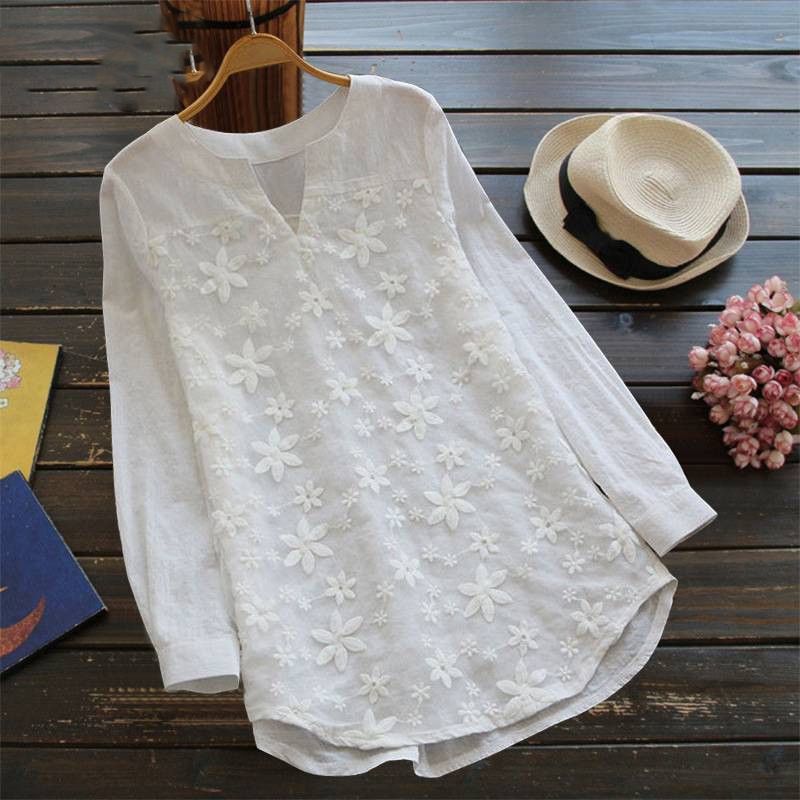 Acquistare Camicette Da Donna Taglie Comode Floreali In Pizzo Taglie Forti  Camicia Di Lino Bianca In Cotone A Maniche Lunghe Camicia Casual Con Scollo  A V Femminile Economico | Consegna Veloce E