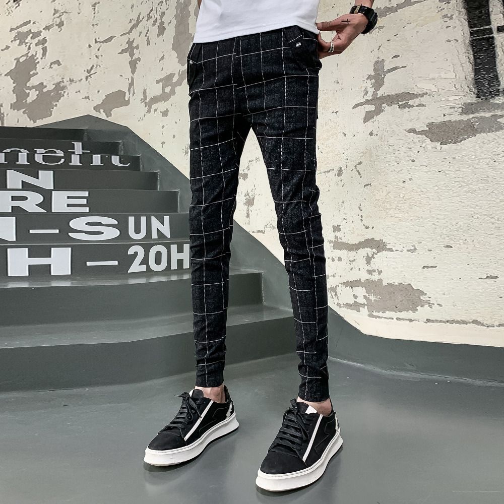 Pantalones para hombres Verano delgados de estilo Plaid Slim Fit Elastic Casual Pantalones