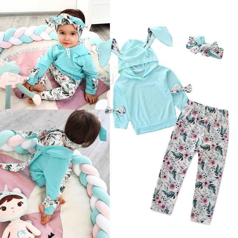 2020 Baby Girl Clothes Cute Rabbit Ears Hooded Top Floral Pant