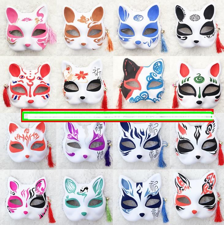 WEDFTGF Maschera per il viso con gatto giapponese con nappe piccole campane dipinte a mano Cosplay Anime Masquerade Party Dress Up