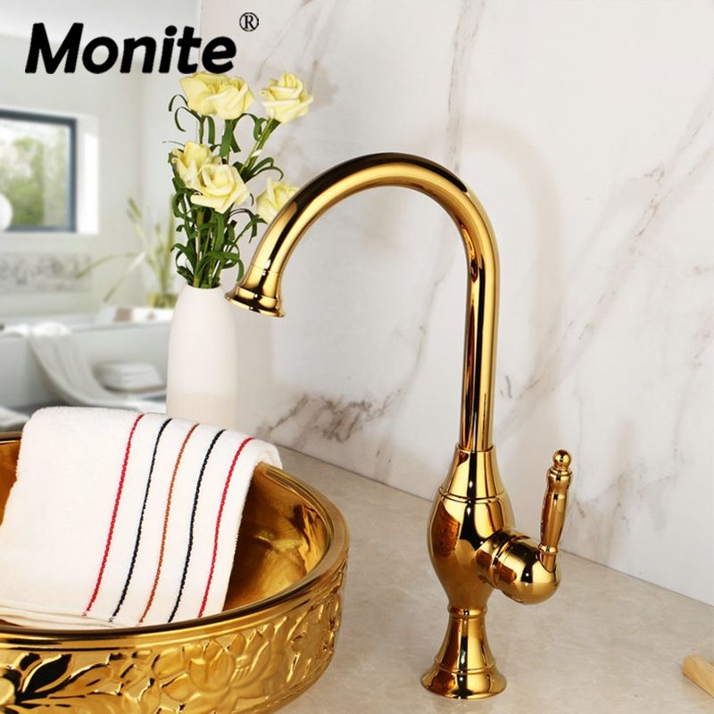 2020 Monite Golden Plated Kitchen Faucet Gold Solid Brass Counter Top