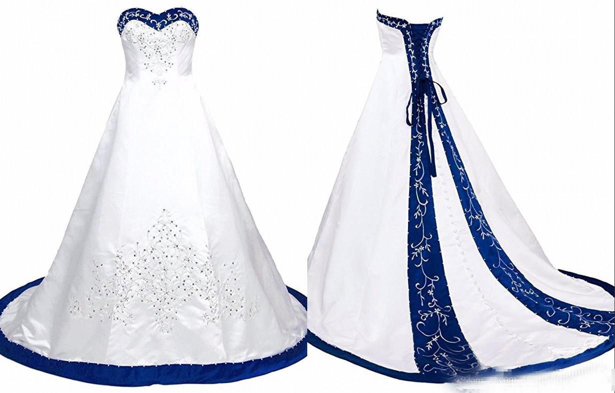 Royal Blue And White Wedding Dress Embroidery Princess Satin A Line ...