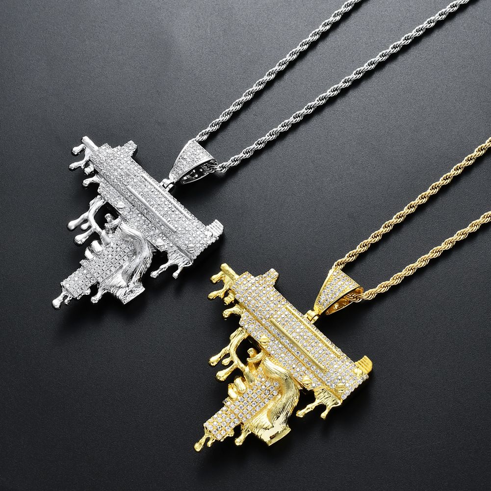 Diamond Uzi Gun Cross Pendant Necklaces 