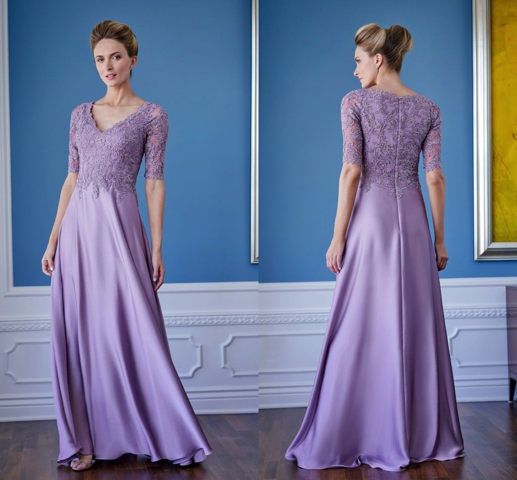 Elegant Purple Lace Mother Of The Bride Groom Dresses 2020 V Neck Half