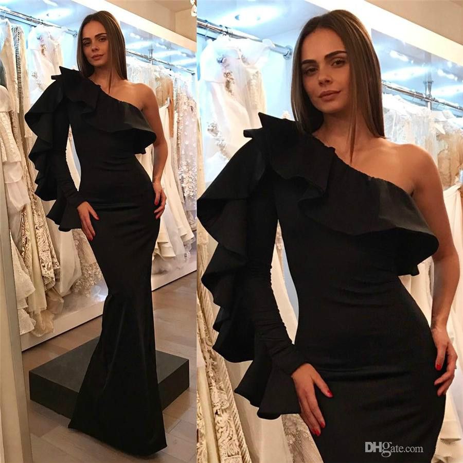 New Design Arabic Black Mermaid Prom Dresses One Shoulder Ruffles Long Sleeve Floor Length Tight Formal Evening Party Gowns Cheap Reveiws Camille Prom