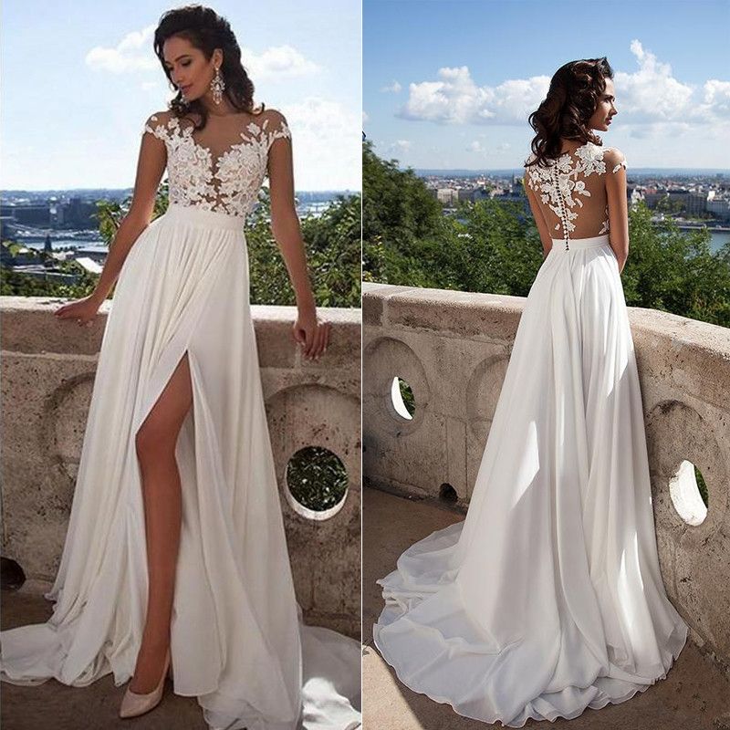 Beach Wedding Dress with Thigh-High Slits Cap Sleeve Chiffon Skirt Splits Bridal Gown Lace Top Appliqued