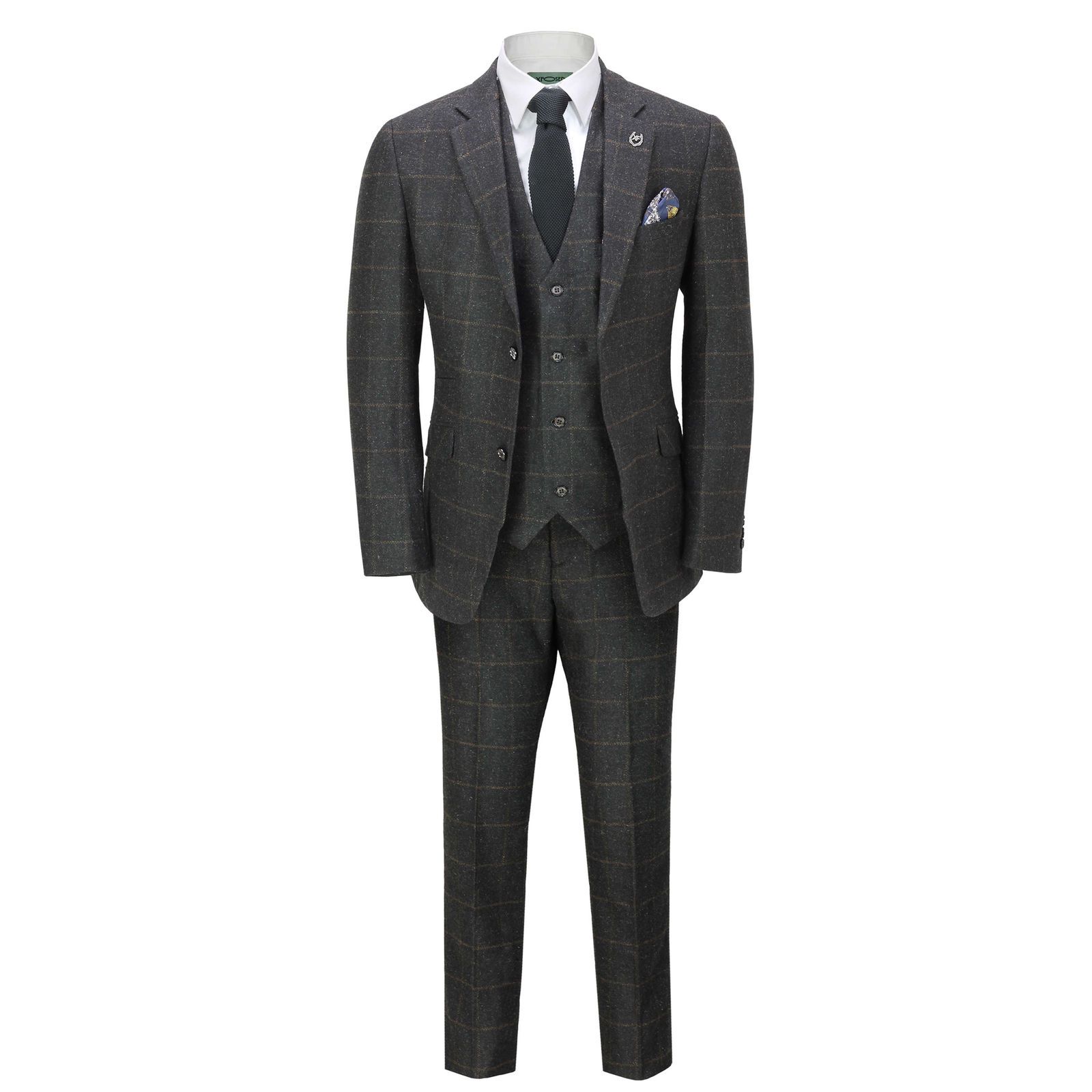 Mens Grey 3 Piece Herringbone Tweed Suit Vintage Retro Slim Fit Smart Formal 