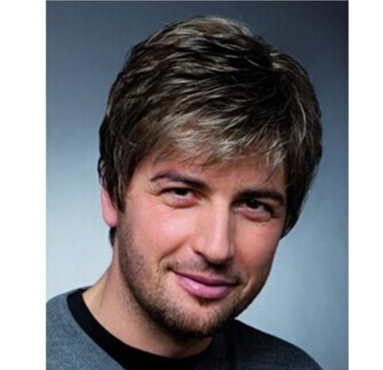 Man Side Fringe Wig Men Short Straight Brown Synthetic Heat