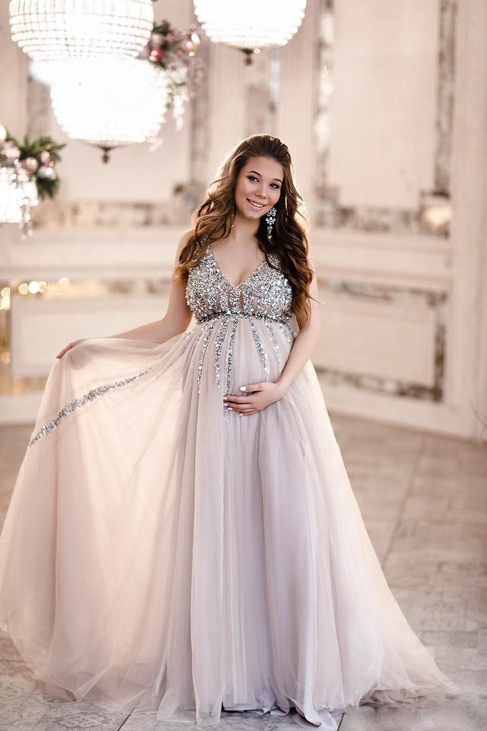 Sexy Sequin Maternity A Line Prom Dresses Baby Shower Gowns With Tulle Skirt Sleeveless V Neck ...