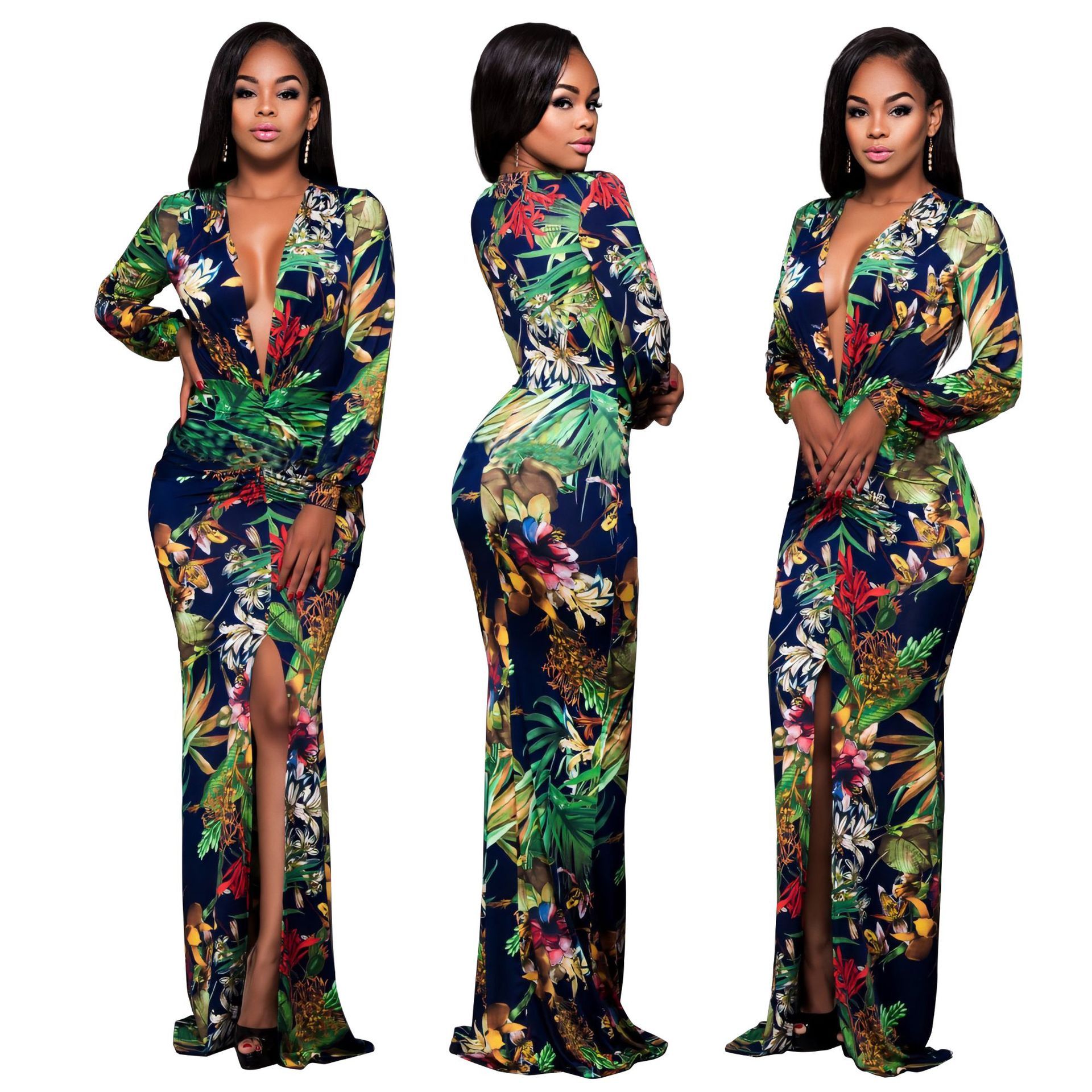 Women High Slit Bodycon Dress V Neck 