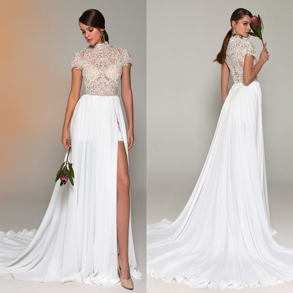 high neck sheath wedding dress