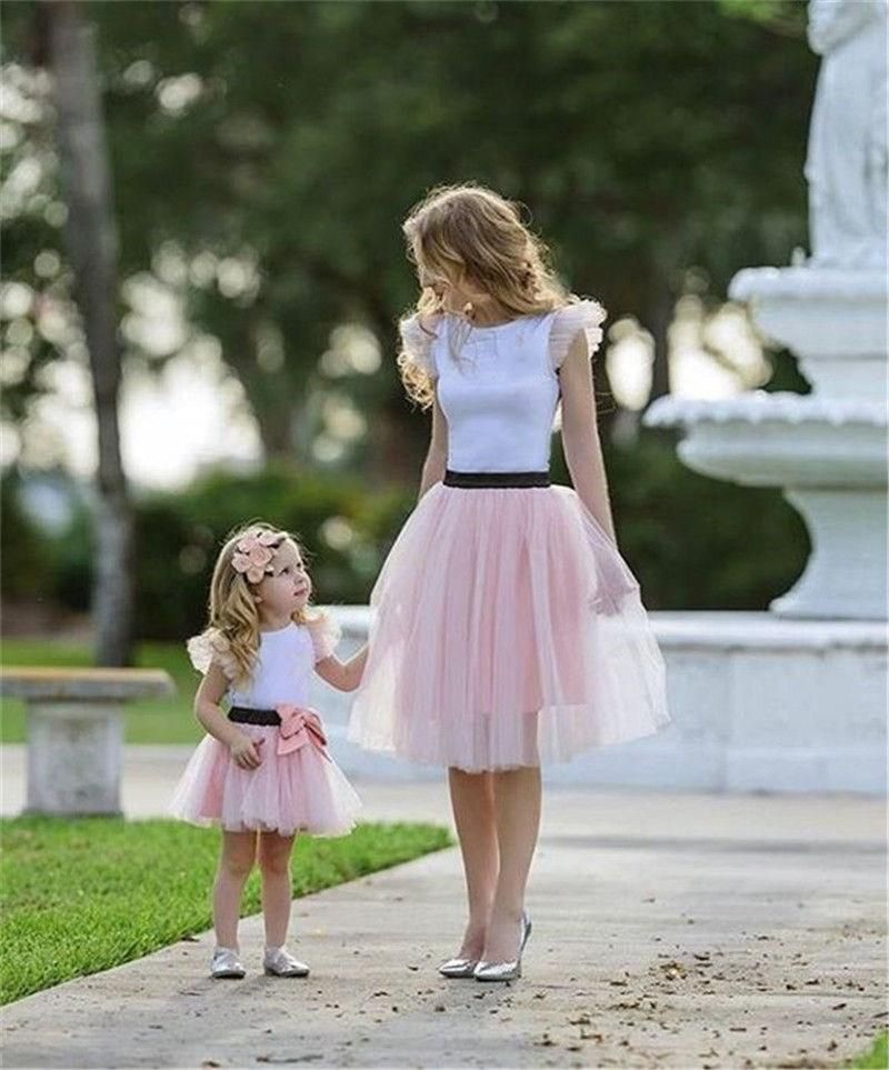 Family Matching Outfits Mommy and Me Black Short Tops /& White Lace Skirts Clothing Set