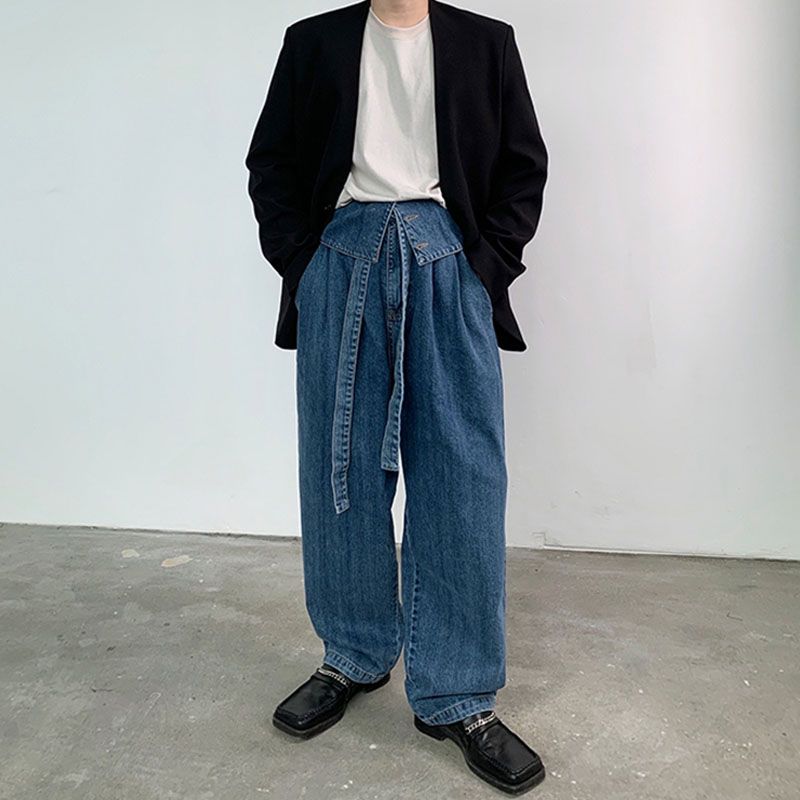 Mens Jeans Men High Waist Belt Casual 