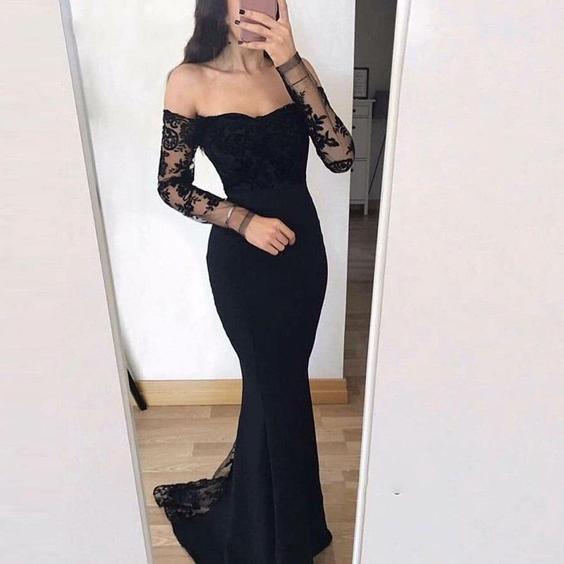 black long sleeve off the shoulder prom dress
