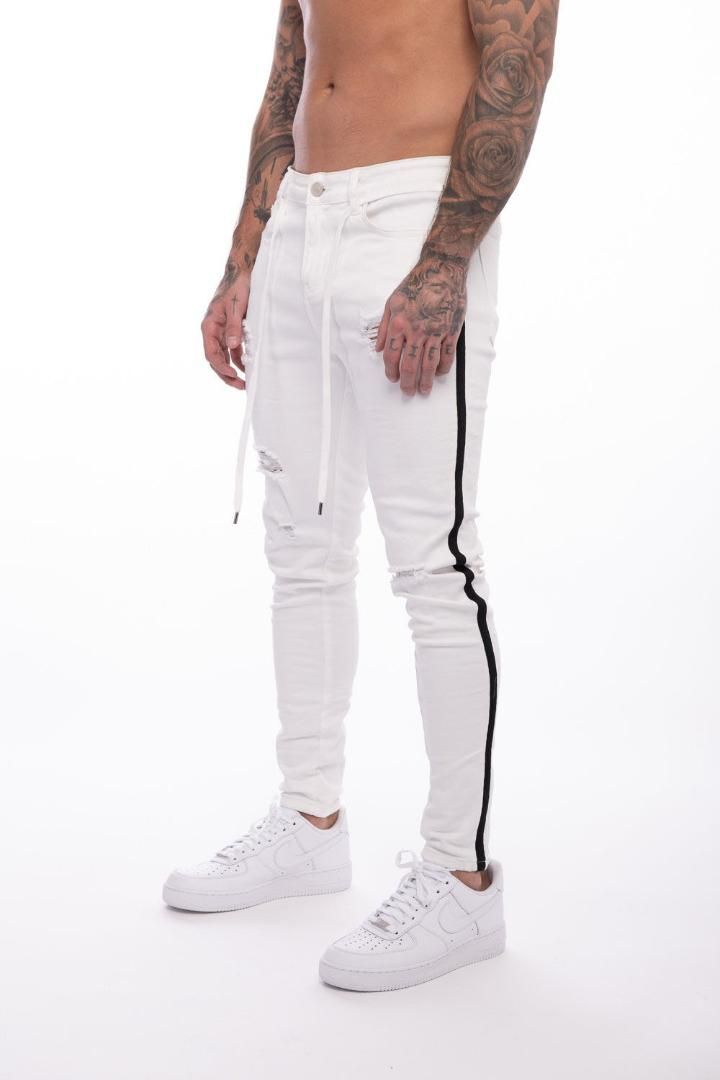 Compra Tejanos Blancos Hombre Agujero Blanco Para Hombre Jeans Slim Fit  Lado De La Raya Del Motorista Flacos Blancos De Los Pantalones Vaqueros De  Los Hombres Spijkerbroeken Heren Denim Barato | Entrega