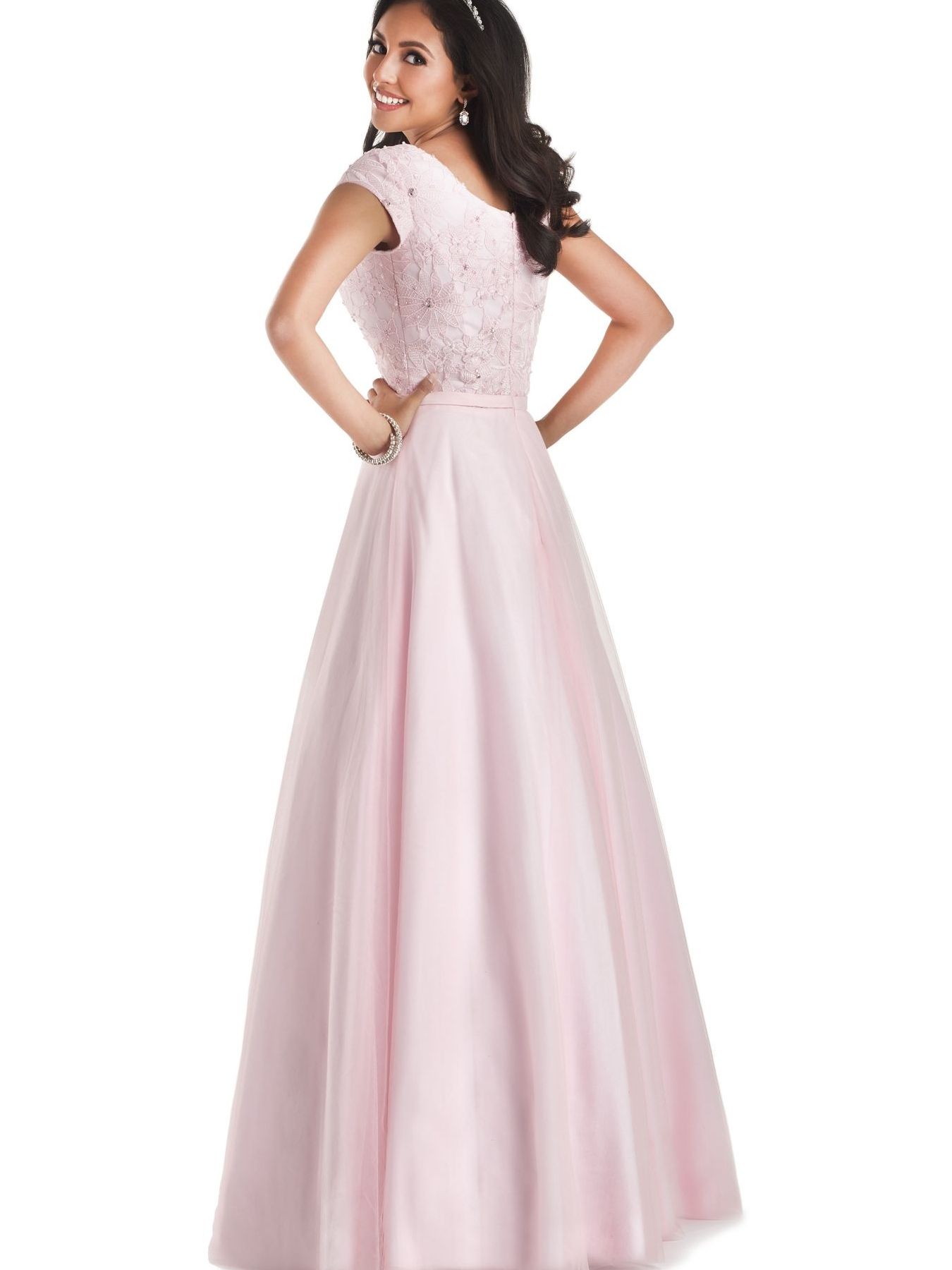 Pink Long A Line Modest Prom Dresses 