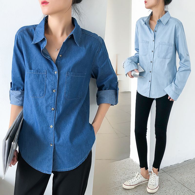 Slim Casual Vintage Ladies Denim Shirts 