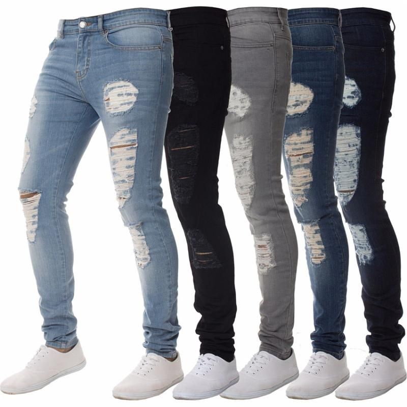 Pantalones De Jeans Flacos Para Hombres Men Sólidos Jeans Rasgados De Jeans Rasgados Mendigador Mendigo Con Agujero De Rodilla Para La Juventud De 18,33 € | DHgate