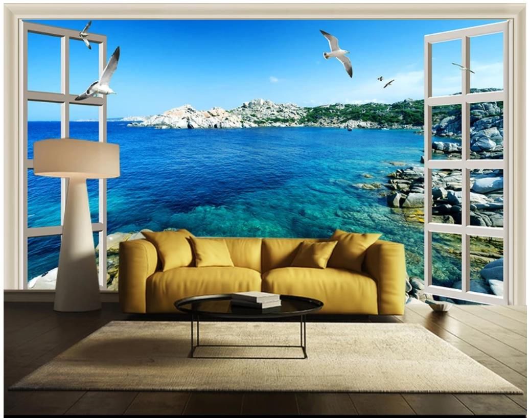 Compre Papel Tapiz 3d Foto Mural De Pared Personalizado Papel Tapiz 3d Ventana Fuera Del Mar Cielo Azul Estéreo 3d Hd Vista Al Mar Tv Sofá Fondo Decoración De La Pared A