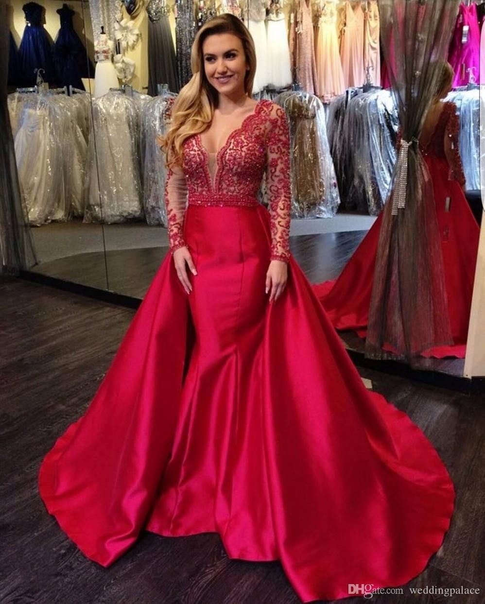 Long Sleeves Red Prom Dresses With 