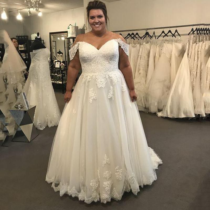 off the shoulder plus size wedding dress