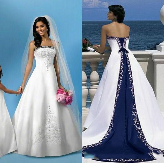 vestido de novia blanco Tamaño Y Azul marino una línea vestidos boda posterior Ate