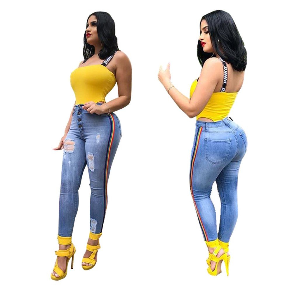 Compra Pantalones Vaqueros Rotos De Las Mujeres Pantalones De Lápiz De  Mezclilla Ajustados A Los Lados De Cintura Alta Barato | Entrega Rápida Y  Calidad | Es.Dhgate