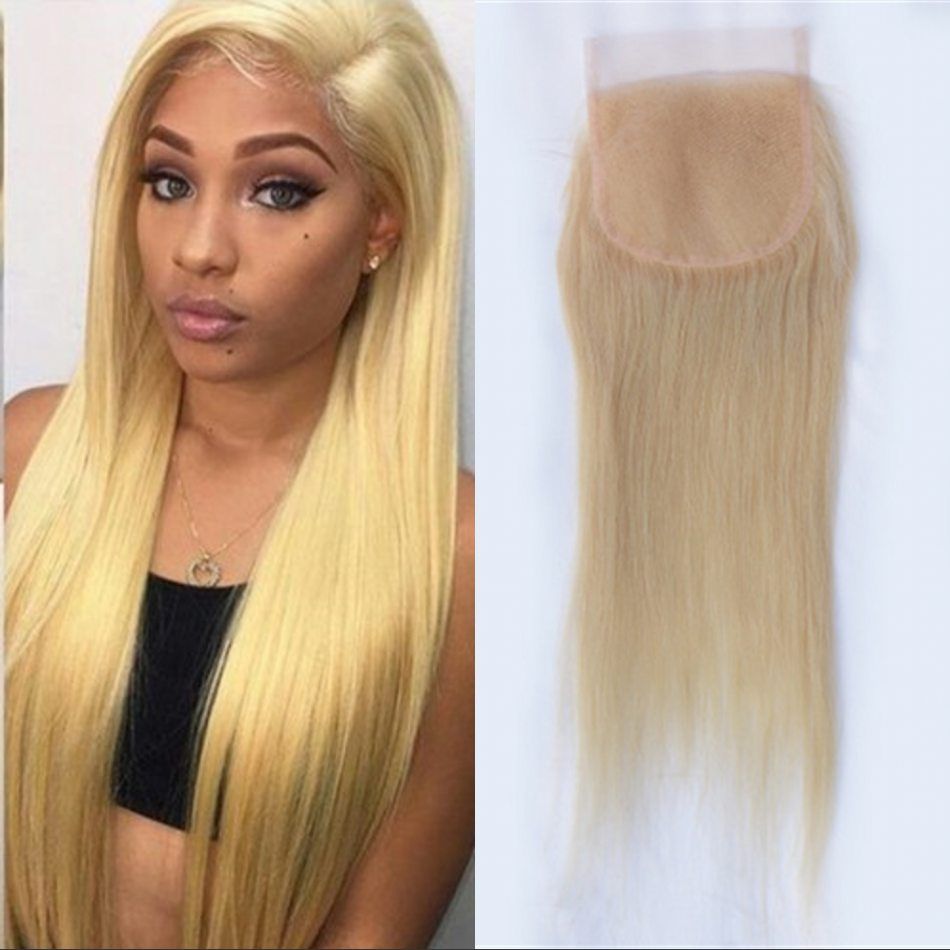 Cambodian Blonde Hair Lace Closures 4x4 Straight Cheap Hair Top
