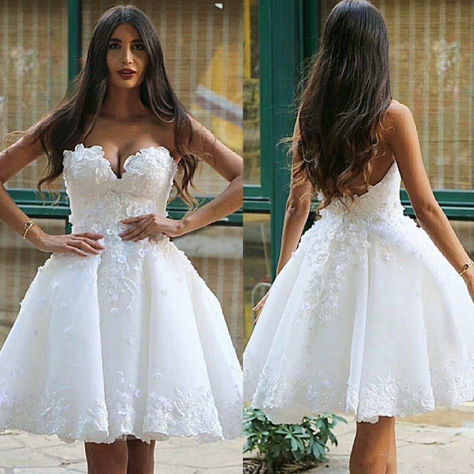 Summer Boho Stunning 2019 Sweetheart Backless Sexy Appliques White Short A Line Mini Wedding Dresses Lace Party Bridal Gown Custom Made