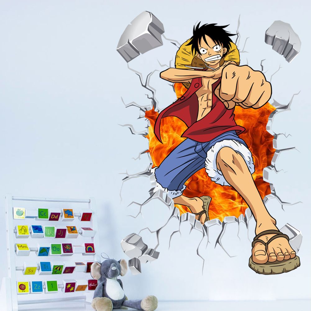 Cartoon One Piece Luffy Wall Decals For Kids Rooms 3d Vivid Bedroom Home Decor Broken Wall Stickers Posters Wall Decals And Stickers Wall Decals Art
