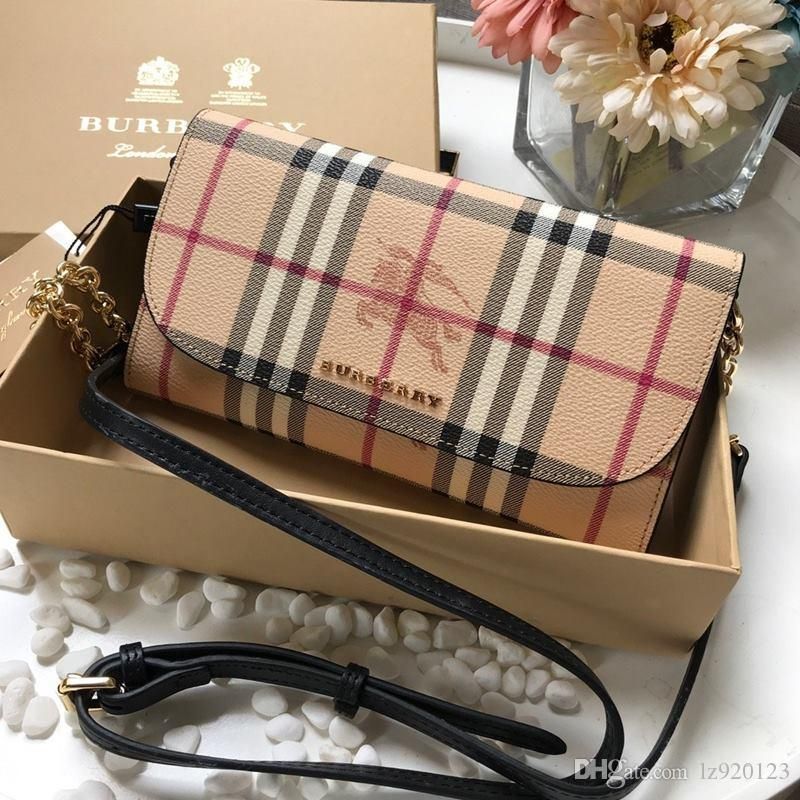 New Women Vintage Check And Leather Wallet With Chain Luxury Designer Bag Women Wallet Chain ...