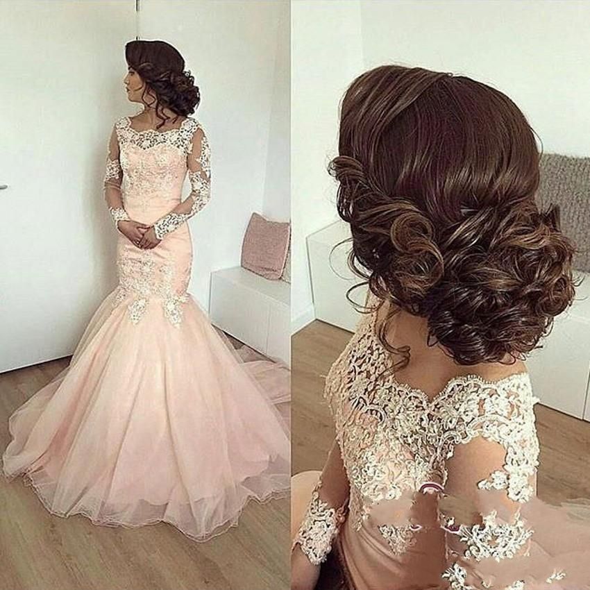 2019 Chic Long Sleeve Evening Dress Mermaid With Lace Appliques