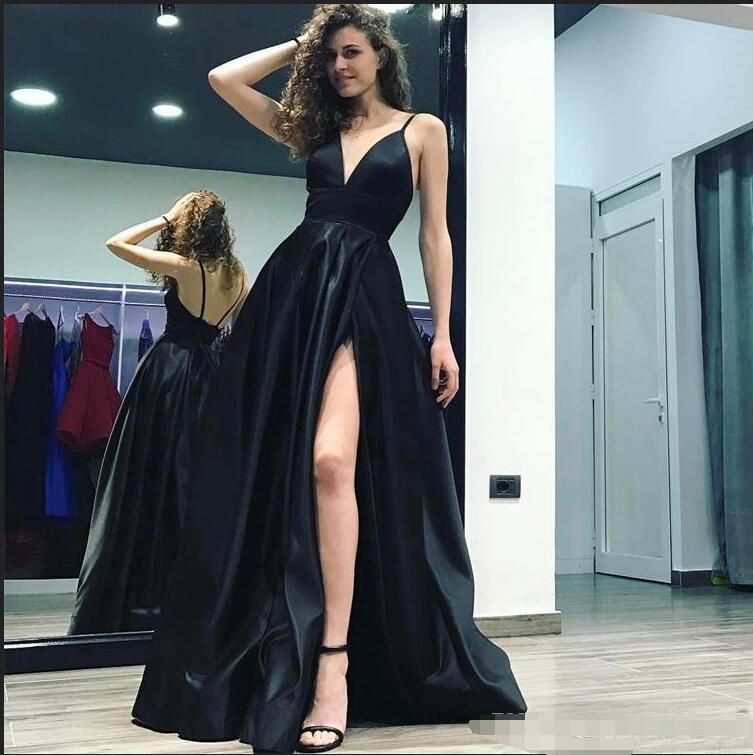 black v neck prom dress