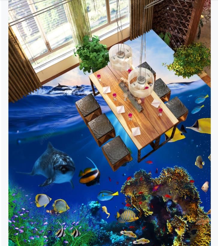 Customized 3d Self Adhesive Floor Photo Mural Wallpaper Beautiful Ocean World Dolphin Bathroom Living Room 3d Waterproof Floor Painting Free Desktop