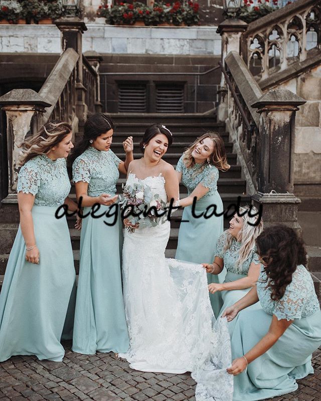 Vestidos de dama de honor de la gasa de encaje verde de menta con mangas 2020 Vestidos de dama de honor de la gasa de encaje verde de menta con mangas 2020