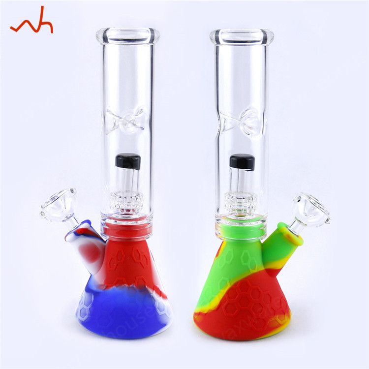 Easy To Clean Silicone Bottom +Glass Beaker Percolator Bongs Water Pipe