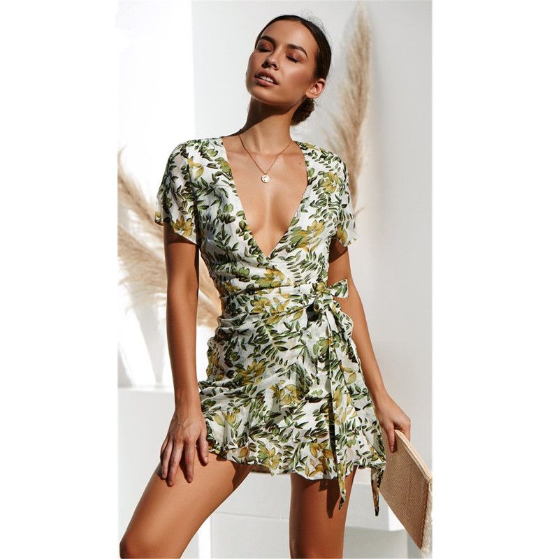 Acheter Sexy Cou Cou Robe De Plage Femmes Eté 2019 Robe De Soleil Nouvelle Doux Volants Mini Robe Dames à Manches Courtes Imprimer Boho Robe Pour