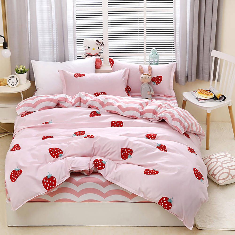 Strawberry Bedding Set For Girls Sweet Pink Stripe Duvet Cover