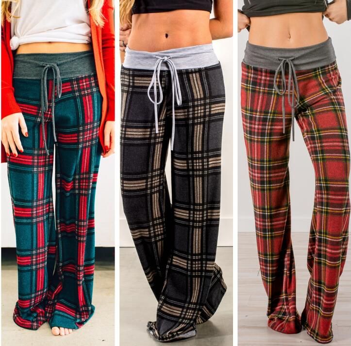 Plaid Wide Leg Drawstring Pants Women 