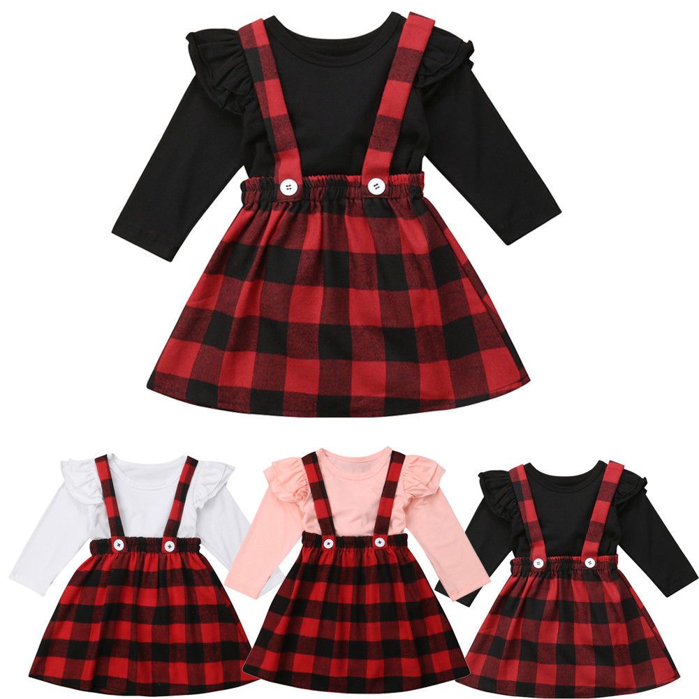 Toddler Girls Clothes Sets T Shirt+Plaid Suspender Dress Children Clothing