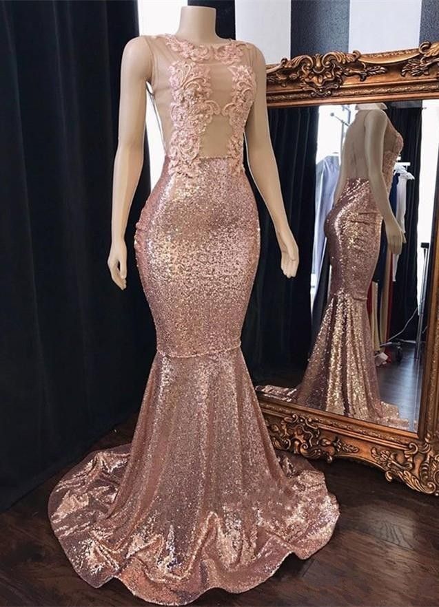 2019 Bling Sequined Rose Gold Prom Dresses Jewel Neck Lace Appliques ...