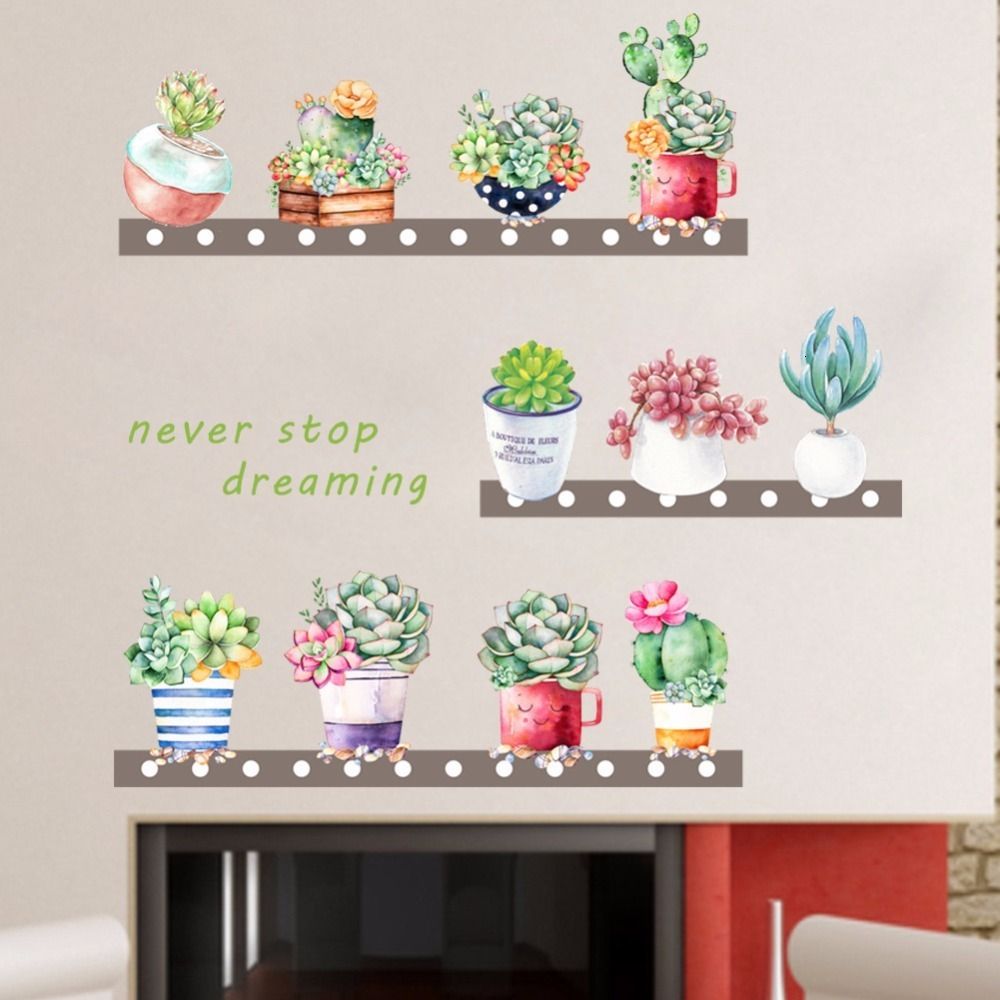 Flower Pot Wall Decal Cactus Vinyl Stickers Nursery Bedroom Home Decor PVC Mural